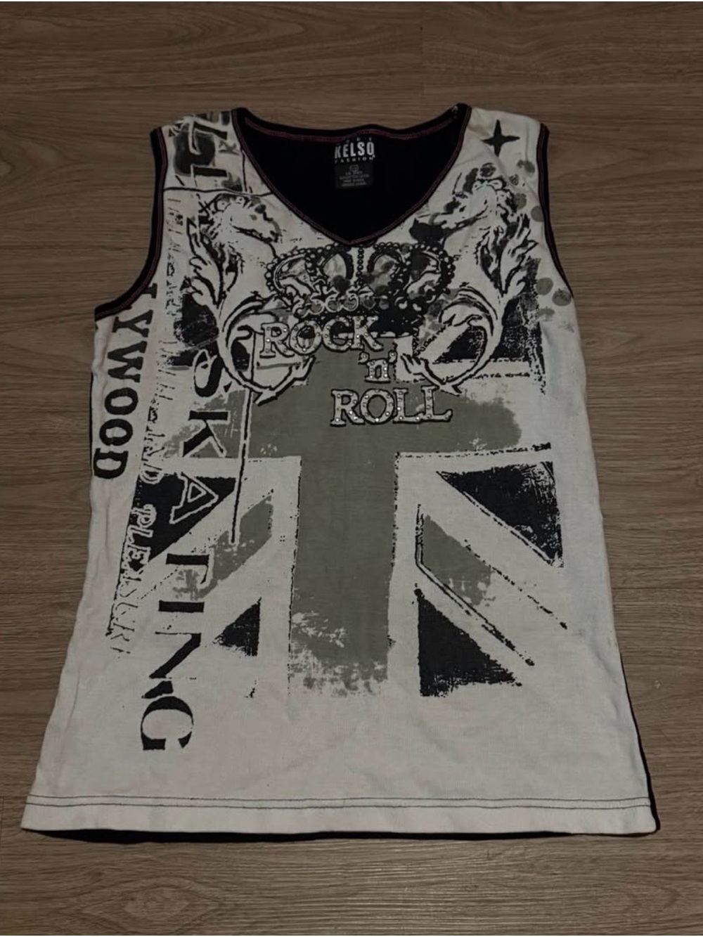 Women’s vintage 'Rock n Roll' White & Olive Graphic Tank Top